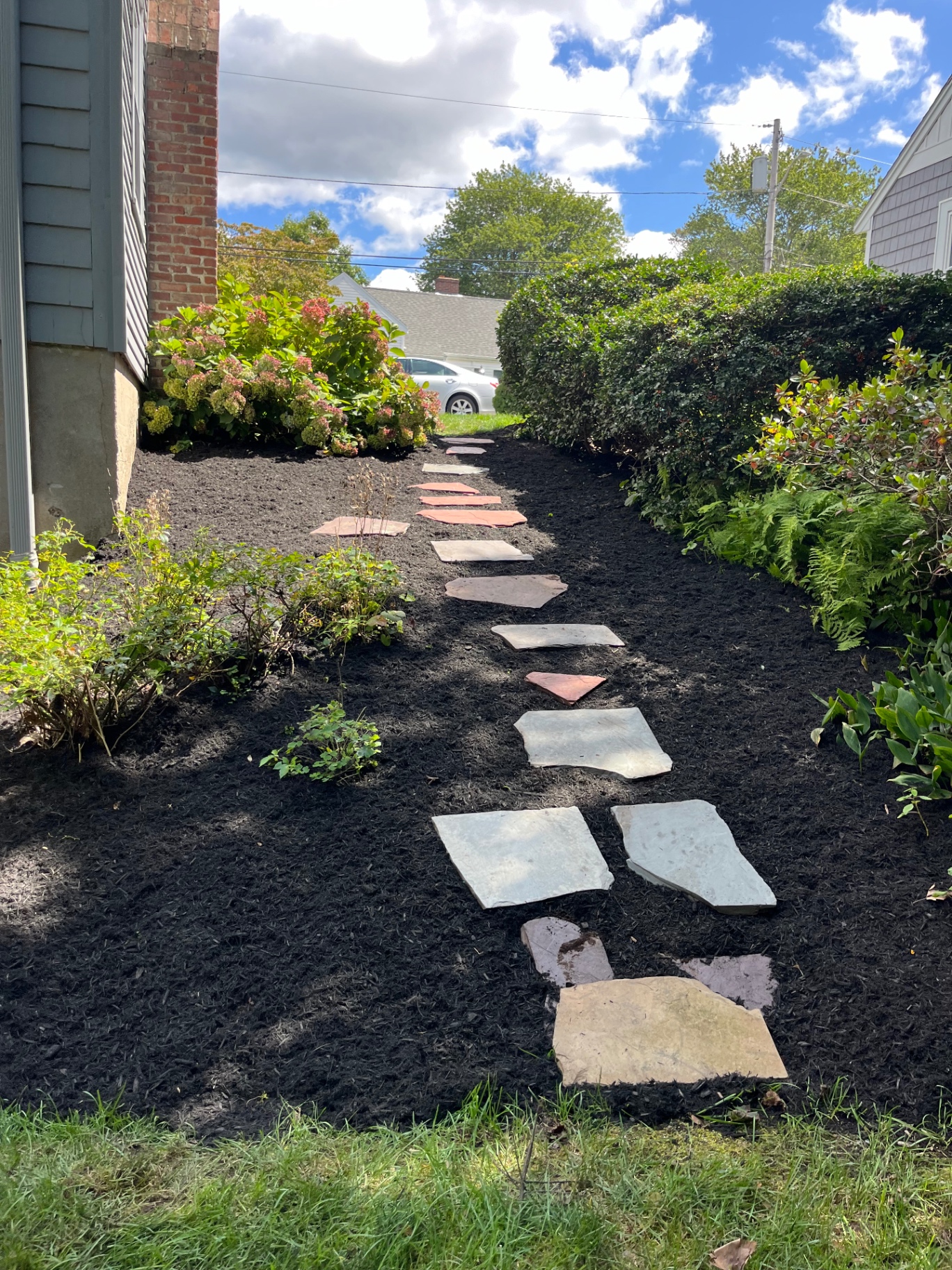 Flagstone stepping path through a side-yard bed with fresh black mulch