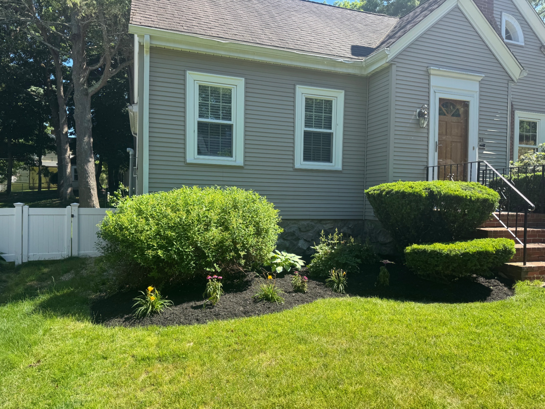 Gray home foundation bed refreshed with shrubs, perennials, and fresh black mulch