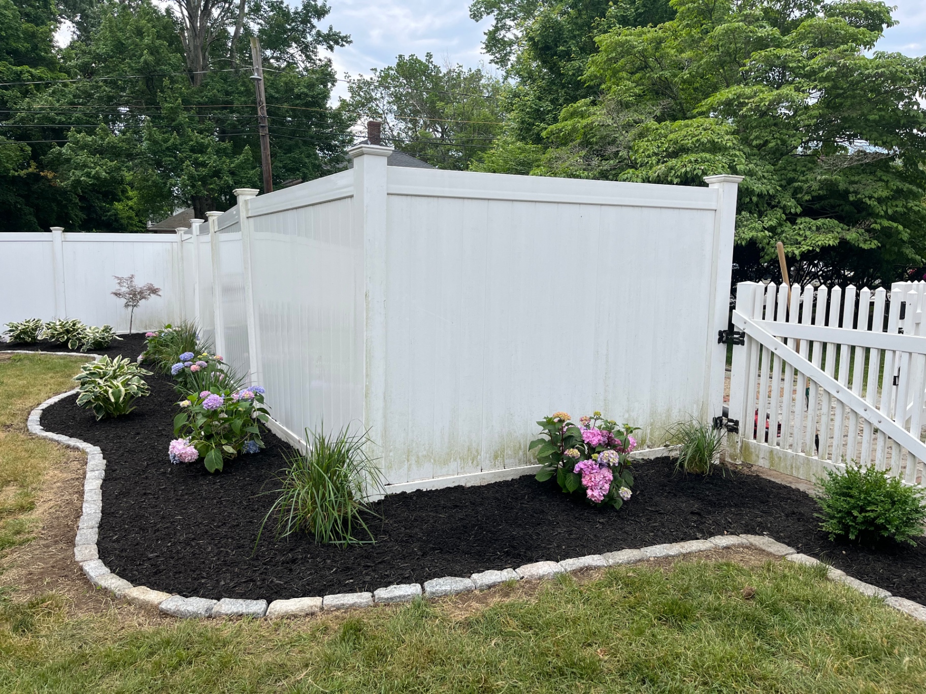 Corner planting bed with hydrangeas, hostas, and cobblestone edging