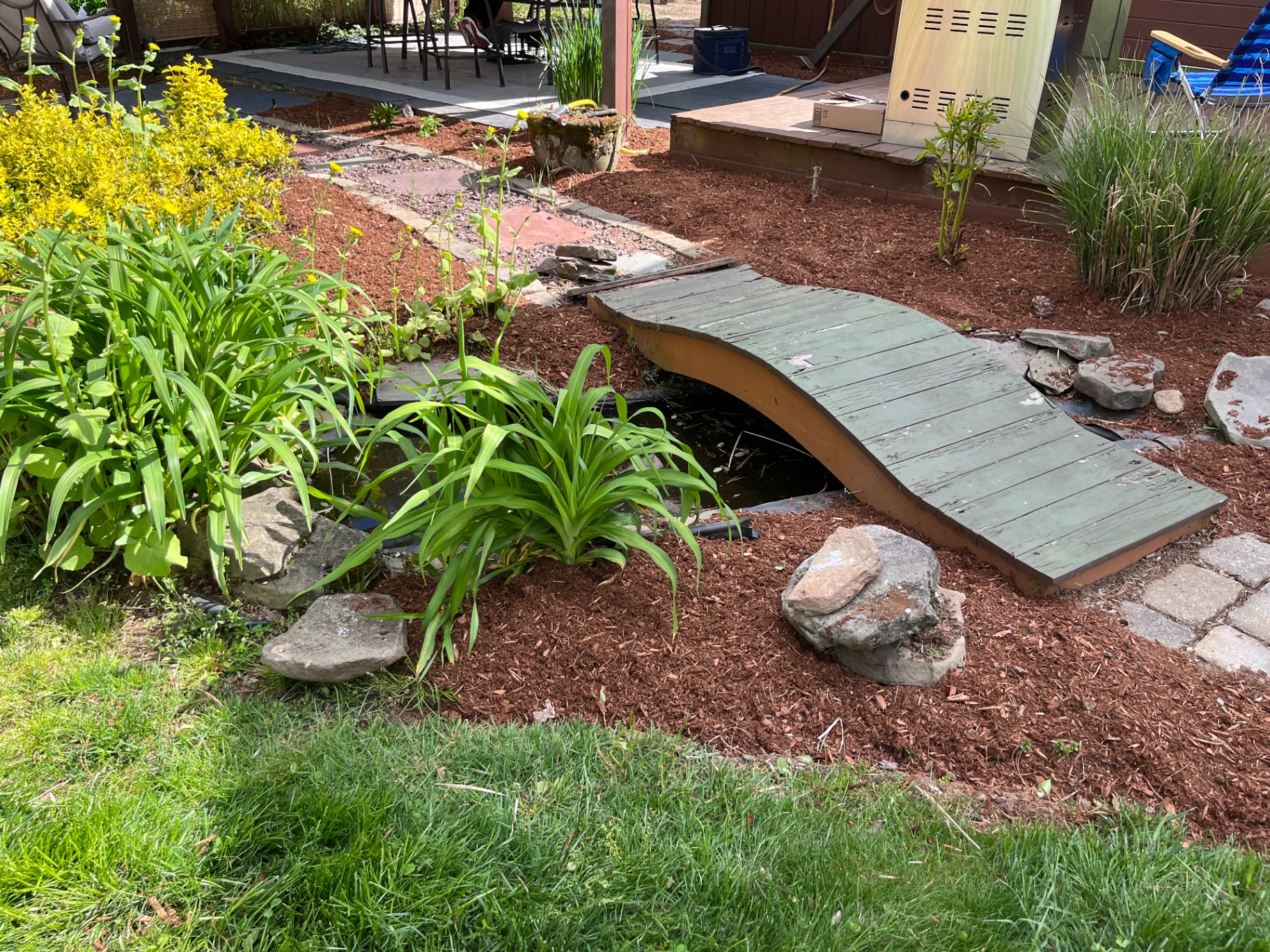Backyard koi pond with wooden bridge, daylilies, and red mulch border