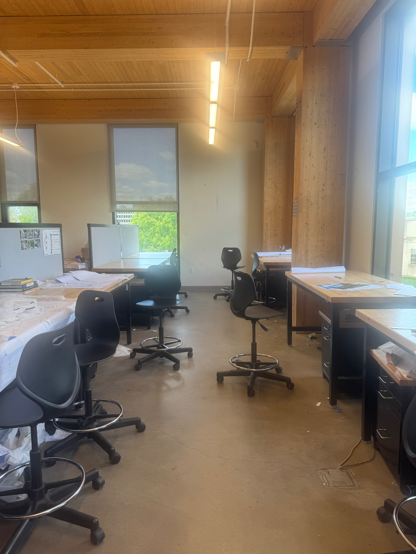 UMass Amherst landscape architecture studio with drafting desks and student work