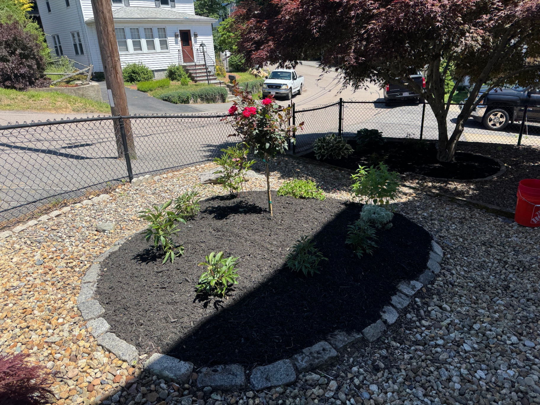River rock landscape with a rose tree island bed and fresh black mulch