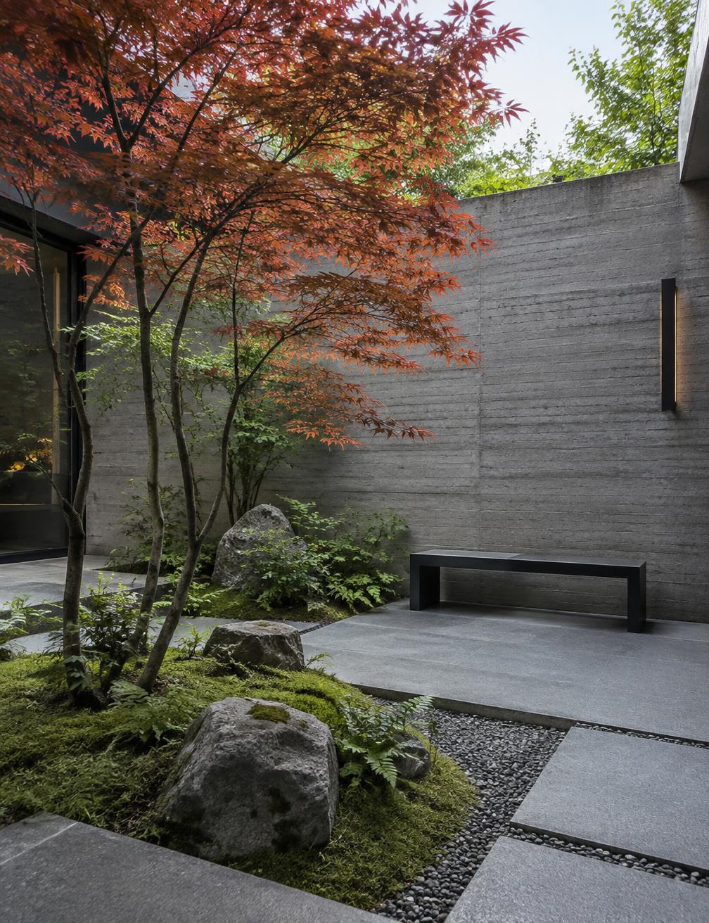 Contemporary courtyard with maple, moss, and stone